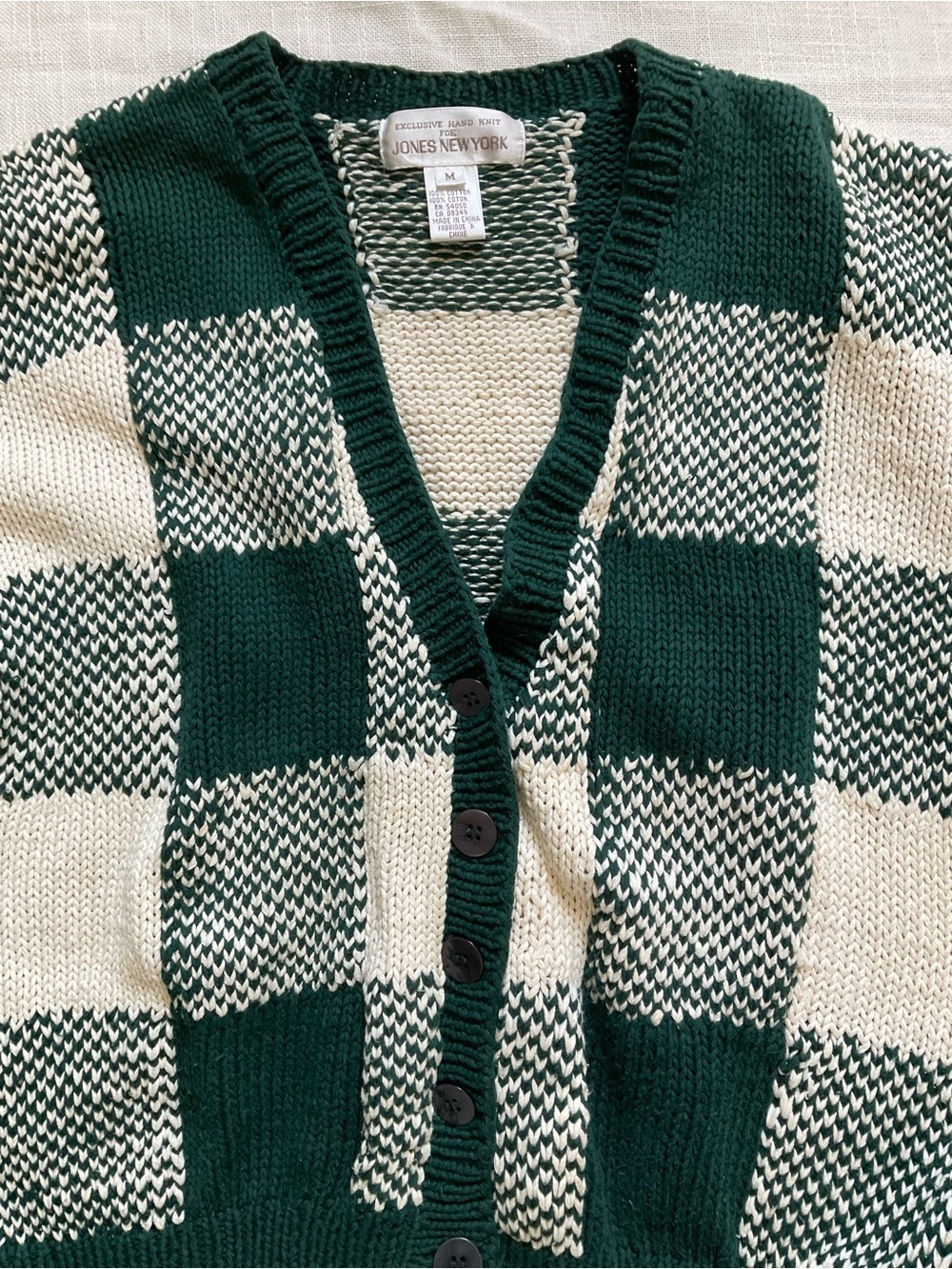 Vintage Y2K Jones New York Hand Knit Checkerboard Cotton Cardigan M - Picture 4 of 4